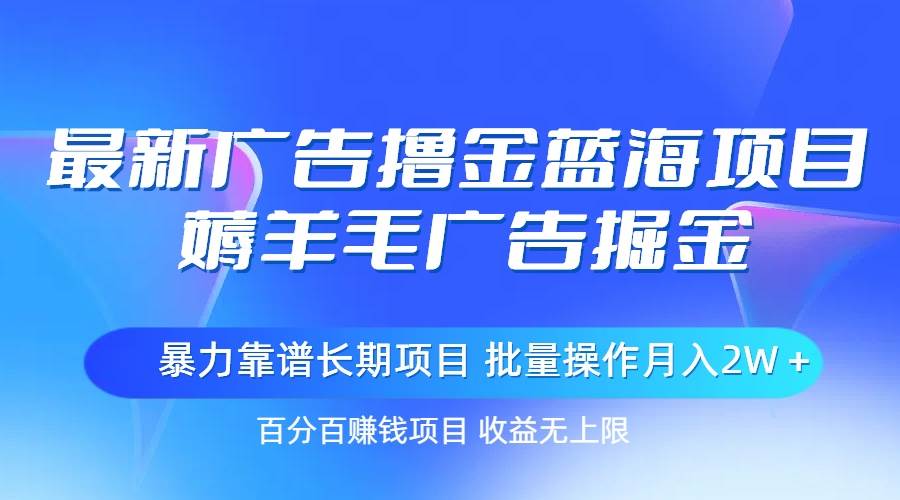 最新广告撸金蓝海项目，薅羊毛广告掘金 长期项目 批量操作月入2W＋-匹左网